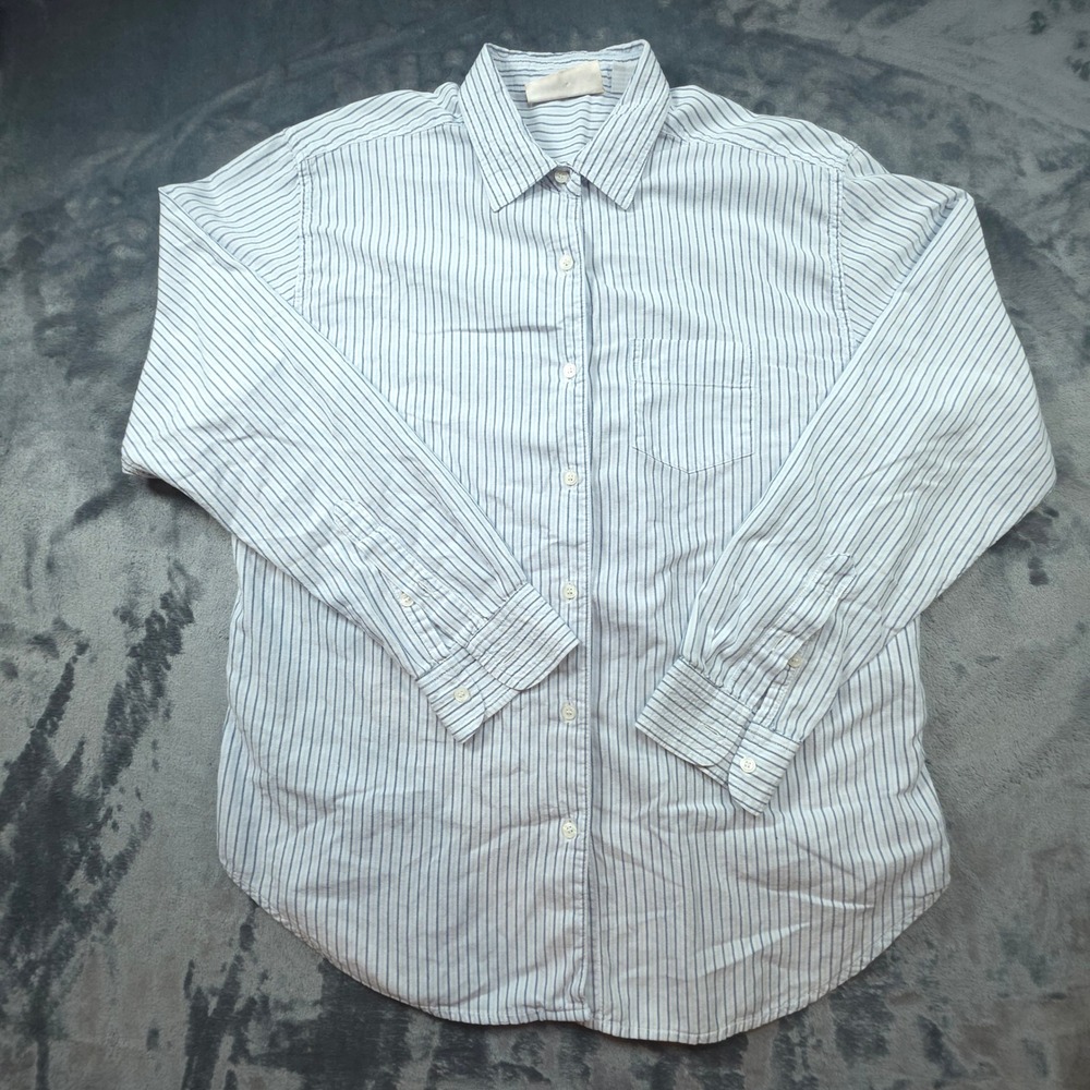 VTG Bugle Boy Collection for Her Blue White Striped Cotton Button Down Shirt Lg.